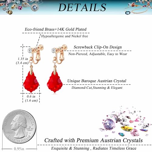 Austrian Crystal Baroque Drop Clip On Dangle Earrings for Women Non Pierced 14K Rose Gold Plated Hypoallergenic Jewelry - color: Red