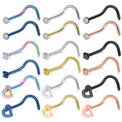 SCERRING 20G 18PCS Stainless Steel Heart Bone L Shaped Screw Nose Stud Rings Piercing Jewelry 2mm Cubic Zirconia - style: 18PCS - Screw
