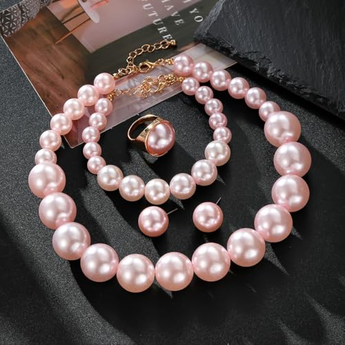 White Faux Pearl Necklace and Earrings Set Big Large Pearl Bead Ball Beaded Choker Necklace Black Pink Pearls Statement Bracelet Ring for Women - color: pink