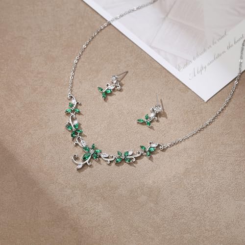 Crysdue Flower Leaf Wedding Jewelry Set for Bridal Bridemaid, Cubic Zirconia Teardrop Elegant Silver/14K/Rose Gold Plated Vine Necklace Dangle Earrings for Prom Party - style: A_Green