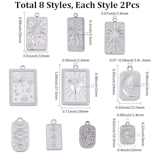 SUNNYCLUE 1 Box 16Pcs 8 Styles Stainless Steel Celestial Charms Silver Sun Moon Charms Bulk Assorted Shape Heart Star Tarot Alloy Magic Dangle Pendants for Jewelry Making DIY Crafting Supplies Women