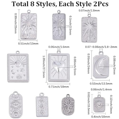 SUNNYCLUE 1 Box 16Pcs 8 Styles Stainless Steel Celestial Charms Silver Sun Moon Charms Bulk Assorted Shape Heart Star Tarot Alloy Magic Dangle Pendants for Jewelry Making DIY Crafting Supplies Women