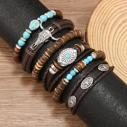 LOTSOF Western Turquoise Beaded Bracelet, Chic Stack Beaded Western Style for Country Concerts, Cowgirl Outfits & Boho Jewelry - color: 6PCS BrownC-Ox Head