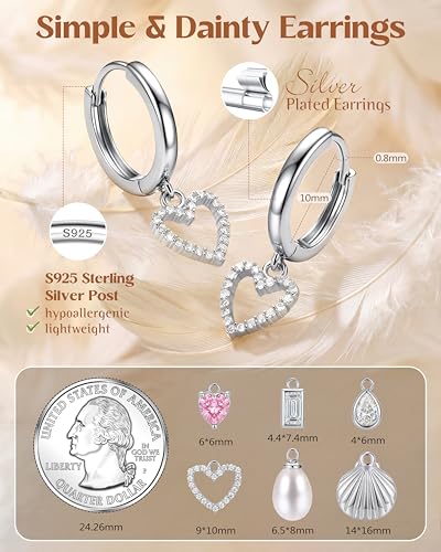 FIBO STEEL 14K Gold Plated Hoop Earrings with Charms for Women Huggie Hoops | Hypoallergenic 925 Sterling Silver Post Dangle Earrings Small Silver Gold Hoops Earring Cubic Zirconia Dangle Drop Jewelry - color: Hollow Heart - Silver Plated