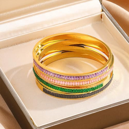 Gold Rhinestone Bangles Bracelets for Women, Chunky Crystal Stainless Steel Stackable Cuff Bracelet Prom Fashion Jewelry Gift - color: Green Emerald