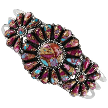 Southwest Style Genuine Gemstones 925 Sterling Silver Cluster Bracelet - color: Rainbow Spiny Turquoise