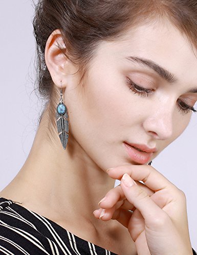 Women's Created-Turquoise Earrings Bohemian Compressed-Turquoise Jewelry Mother Gifts Pendant Metal Tribal Feather Tibetan Dangle Drop Earrings for Women | Compressed-Turquoise Jewelry,Mother Gifts,Pendant Metal Tribal Feather Tibetan Dangle Drop Earrings