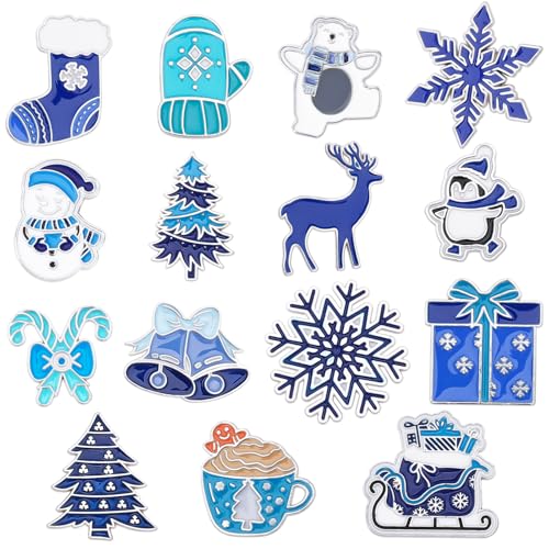 SANNIX Winter Pins, 15Pcs Christmas Enamel Lapel Pins Xmas Blue Winter Brooches Assorted Snowflake Snowman Badge Pin for Holiday Clothes Bags Hats Accessories - style: Winter Pin
