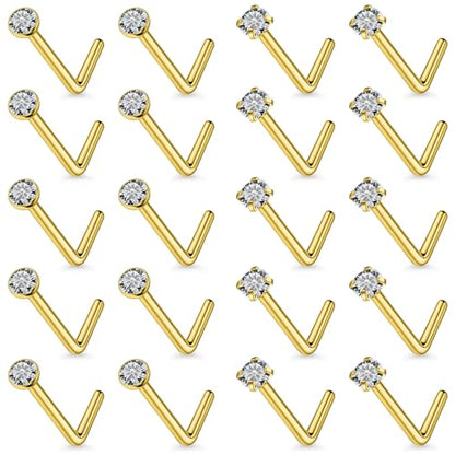 20Pcs Nose Rings Studs Surgical Steel L-Shape Nose Rings for Women 1.5mm 2mm Cubic Zirconia Nose Screw Studs Hypoallergenic Nose Piercings Jewelry 24g 22g 20g 18g - color: L-shape,goldtone, size: 20g,2mm CZ