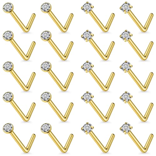 20Pcs Nose Rings Studs Surgical Steel L-Shape Nose Rings for Women 1.5mm 2mm Cubic Zirconia Nose Screw Studs Hypoallergenic Nose Piercings Jewelry 24g 22g 20g 18g - color: L-shape,goldtone, size: 24g,2mm CZ