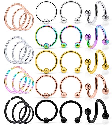 16G Spiral Lip Rings Hoops 316L Surgical Steel Cartilage Helix Tragus Earring Lip Eyebrow Labret Septum Smiley Rings Hoop Piercing Jewelry 8mm 10mm - color: J:27pcs Mix Color