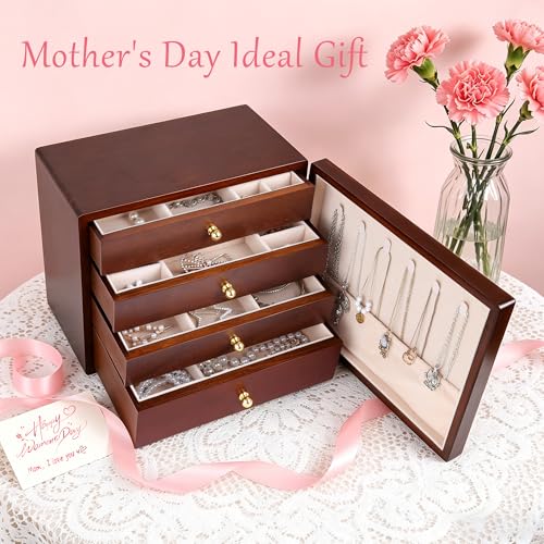 Kendal Wooden Jewelry Box for Women, Wooden Jewelry Organizer, 4-Layer Jewelry Organizer Box with Side Door, Single Door Jewelry Holder Organizer for Earrings, Necklaces, Rings