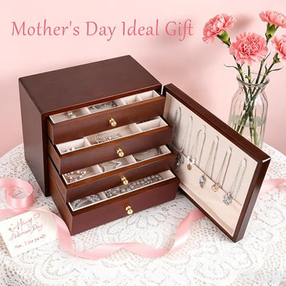 Kendal Wooden Jewelry Box for Women, Wooden Jewelry Organizer, 4-Layer Jewelry Organizer Box with Side Door, Single Door Jewelry Holder Organizer for Earrings, Necklaces, Rings