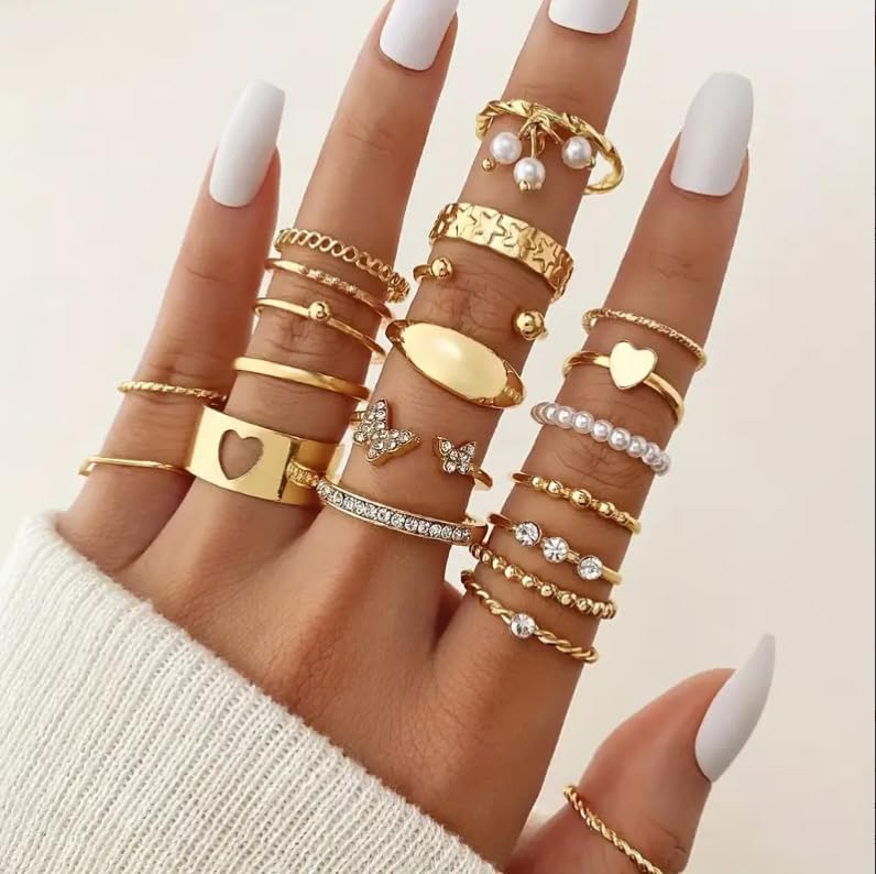 HUASAI Gold Stackable Rings Set for Women Boho Dainty Moon Star Pearl Leaf Cubic Zirconia Heart Midi Pinky Trendy Jewelry Birthday Gifts - color: E Gold Pearl Rings 21 Pcs