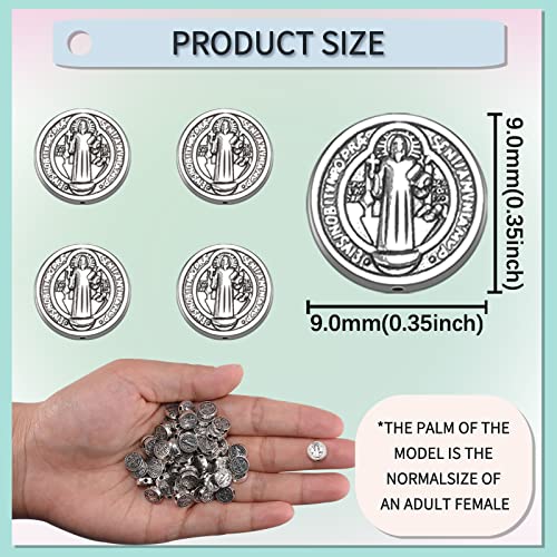 60Pcs Alloy Jesus Cross Saint Benedict Medal Religious Spacer Beads Charms Flat Round Double-Sided Loose Beads For DIY Catholic Rosary Beads Necklace Bracelet Jewelry Making