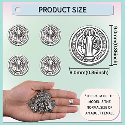 60Pcs Alloy Jesus Cross Saint Benedict Medal Religious Spacer Beads Charms Flat Round Double-Sided Loose Beads For DIY Catholic Rosary Beads Necklace Bracelet Jewelry Making