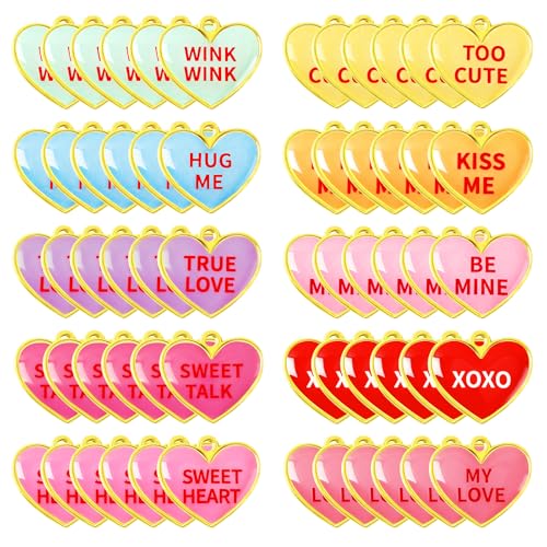 60Pcs Valentine Charms Valentines Day Heart Candy Alloy Pendants | Enamel Valentine Heart Charms, Conversation Heart Charms Collection, Text Engraved Designs, Festival Theme Accessories - style: Valentine Heart Charms