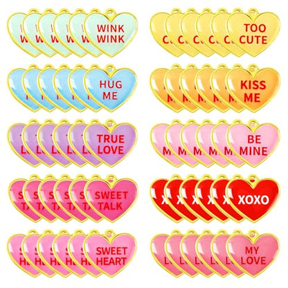 60Pcs Valentine Charms Valentines Day Heart Candy Alloy Pendants | Enamel Valentine Heart Charms, Conversation Heart Charms Collection, Text Engraved Designs, Festival Theme Accessories - style: Valentine Heart Charms