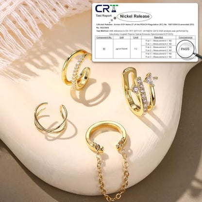 Florideco 4 PCS Ear Cuffs Non Piercing Hypoallergenic 14K Gold Plated Ear Cuff Earrings for Women Trendy CZ Clip On Cartilage Earring Set Dainty Adjustable Fake Piercings Earrings - color: Classic: 14K Gold Plated