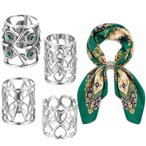 4Pcs Retro Silk Scarf Ring, Alloy Silk Scarves Ring Slide Clips Owl Scissors Vines Heart Cutouts Designs - color: Silver