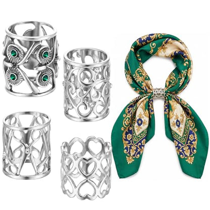 4Pcs Retro Silk Scarf Ring, Alloy Silk Scarves Ring Slide Clips Owl Scissors Vines Heart Cutouts Designs - color: Silver
