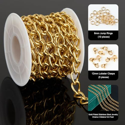 UMAOKANG Gold Chains for Jewelry Making Stainless Steel Twist Cable Chain | 6.6 Feet PVD Gold Plated Bulk Chains Twisted Link Jewelry Chain Roll with Jewelry Supplies Findings - color: Cable (Gold)