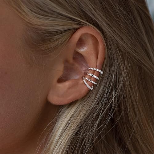 Gold Ear Cuffs Earrings for Women Non Piercing Clip on Cartilage Earrings | Trendy Gold Ear Cuff,Cartilage Clip on Earrings,Thin Huggie Hoop CZ Earring Set ,Fashion Jewelry,Non Tarnish,Gift - style: 3pc double cz-sl