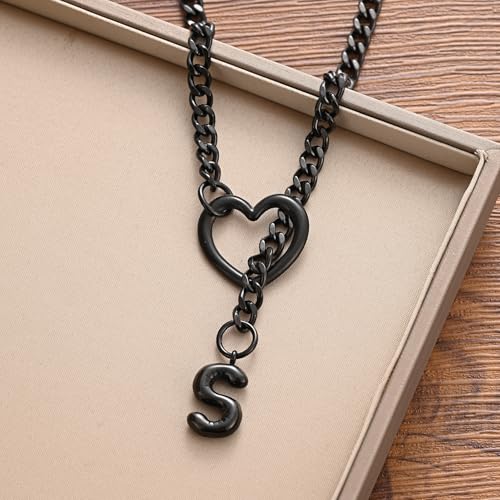 sroyte Black Heart Slip Chain Initial Necklaces for Women,Stainless Steel O-Ring Adjustable Lariat Heart Y-Necklace,Punk Gothic Cuban Collar Choker Necklace for women - color: Black S