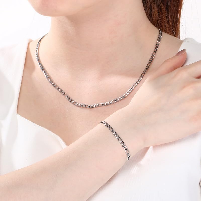 Kemstone Stainless Steel Figaro Cuban Bracelet Necklace Set for Men Women Jewelry - color: Gold 02