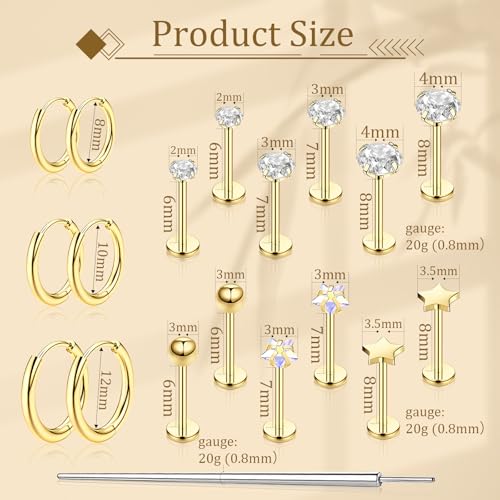Flat Back Stud Earrings Cartilage Earrings for Women Men Hypoallergenic Threadless Flat Back Earring Surgical Steel Earring Tragus Helix Labret Lip Medusa Conch Body Piercing Jewelry - color: Gold-20G(0.8mm)