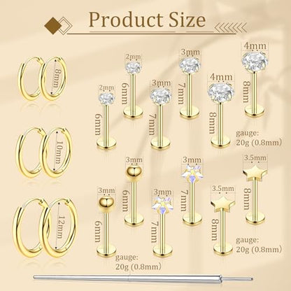 Flat Back Stud Earrings Cartilage Earrings for Women Men Hypoallergenic Threadless Flat Back Earring Surgical Steel Earring Tragus Helix Labret Lip Medusa Conch Body Piercing Jewelry - color: Gold-20G(0.8mm)