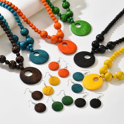 LOTSOF Boho Wooden Beaded Necklace and Earring Set for Women, Bohemian Chunky Statement Costume Jewelry, Round Drop Pendant Retro Ethnic Accessories Ladies Gift - color: Black