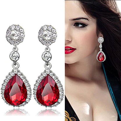 Gorgeous Austrian Crystal Rhinestone Wedding Bridal Teardrop Drop Dangle Earrings - color: Pierced-Red
