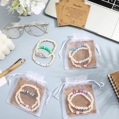 Teacher Appreciation Bracelets Gifts 6 Sets Wooden Beaded Stretch Bracelet | with Thank You Cards, for End of The Year Teachers Gifts Christmas Graduation New Year
