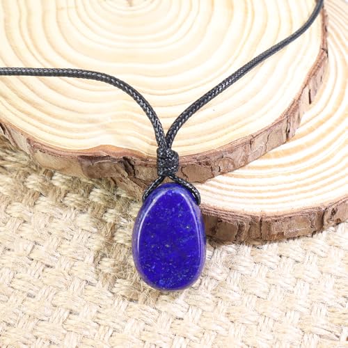 Natural Gemstone Pendant Necklace Healing Crystal Stone Choker Necklace Adjustable Waxed Black Rope for Men - color: Lapis Lazuli
