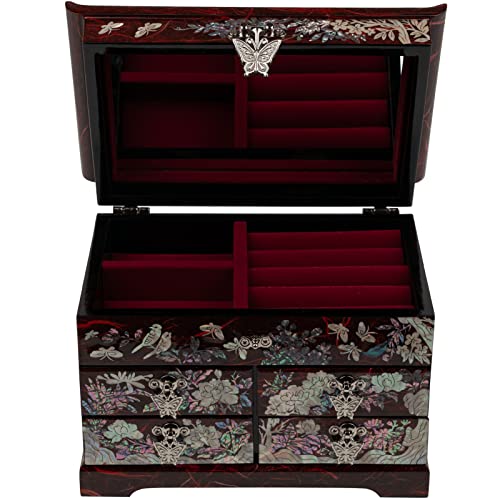February Mountain Handcrafted Mother of Pearl Jewelry Box – Korean Traditional Design | Unique Keepsake Organizer for Women, Mom, Grandma | Gift for Christmas, Birthday, Anniversary - style: Crane and Pine Tree - Red
