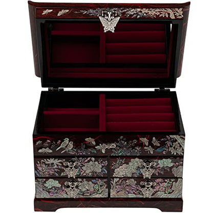 February Mountain Handcrafted Mother of Pearl Jewelry Box – Korean Traditional Design | Unique Keepsake Organizer for Women, Mom, Grandma | Gift for Christmas, Birthday, Anniversary - style: Crane and Pine Tree - Red