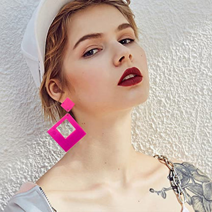 Lightweight Unique 80s Retro Acrylic Dangle Earrings Geometric square Neon Drop Dangle Earrings for Women Girls Party Costume Accessory