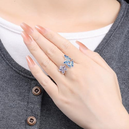 Rings for Women Butterfly Ring 925 Sterling Silver Rings Adjustable Promise Open Ring for Women Couple Wedding Engagement Jewelry Gifts - style: Butterfly Flower Open Ring