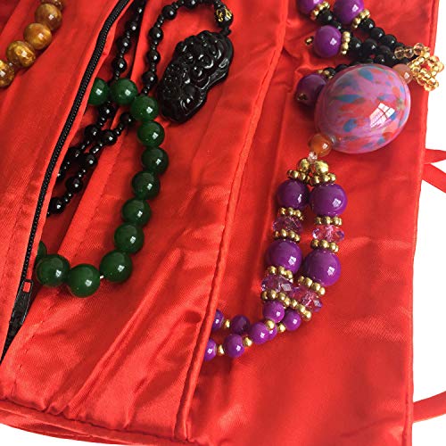 Travel Jewelry Roll Bag - Embroidered Brocade Pouch for Rings, Necklaces, Earrings, Bracelets | Lightweight & Tie Closure (Red) - color: Red