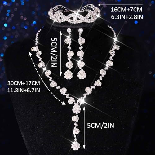 Silver Wedding Jewelry Sets Rhinestone Necklace Earrings Bracelet Set Prom Formal Costume Jewelry for Women and Brides - color: Silver