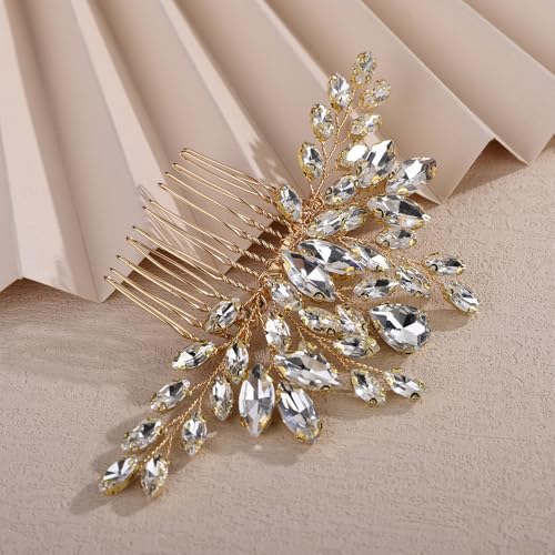 Teyglen Gold Crystal Wedding Hair Comb Full Rhinestone Hair Side Comb for Bride Wedding Headpiece Gold Teardrop Crystal Hair Piece Hair Accessories for Women Party Prom(Gold) - color: Gold