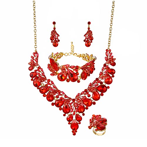 Jewelry Set for Women, Statement Necklace Dangle Earrings Bracelet Ring, White/KC Gold Plated Jewelry Set with Rhinestone Pearl Crystal Wedding Party Jewelry for Bridal Bridesmaid - color: Red-Gold Plated