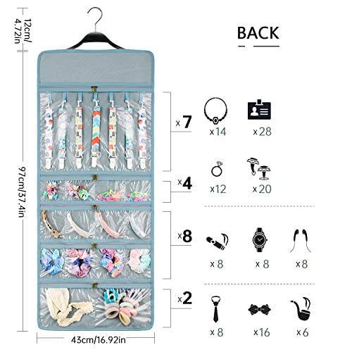 SMRITI Hanging Jewelry Organizer with Dual Zippered Pockets Canvas Double Sided Rotating Hanger Necklace Hanging Wall Organizer Earring Dustproof Holder Wall Mount Accessories Display Bag(Light Blue) - color: Blue