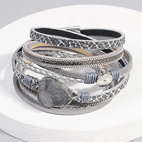 Artilady Leather Wrap Bracelet for Women, Pearl Beaded Bangle Stack Jewelry | Easy on-off, Elegant Handmade Multi-Layered, Daily Casual Date Beach Vacation, Gift for Ladies, Mother, Sister & Friend - style: Grey with druzy