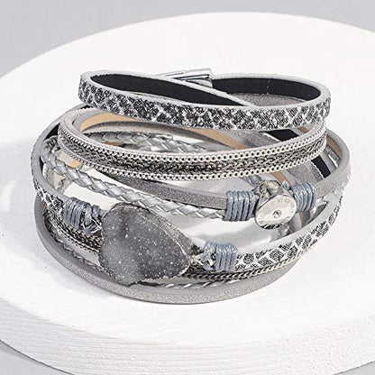 Artilady Leather Wrap Bracelet for Women, Pearl Beaded Bangle Stack Jewelry | Easy on-off, Elegant Handmade Multi-Layered, Daily Casual Date Beach Vacation, Gift for Ladies, Mother, Sister & Friend - style: Grey with druzy