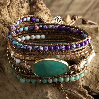 Women Wrap Bracelets Boho Natural Stone Jasper Turquoises Strand Bracelet Jewelry Collection - color: Green #2