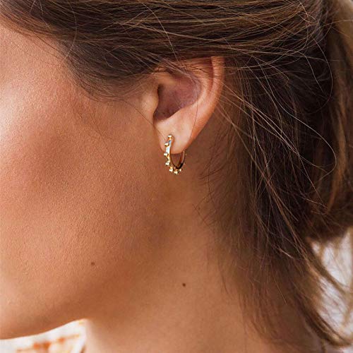 Huggie Hoop Earrings 14K Gold Plated Cubic Zirconia Dainty Simple Cute Beads Elegant CZ Circle Small Hoop Earring for Women Minimalist Handmade Hypoallergenic Jewelry - color: Beaded B