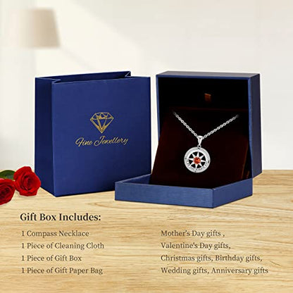 Peeshow Compass Birthstone Necklace for Women Wife, S925 Sterling Silver Gift for Wife Wedding Anniversary Birthday Gifts for Women Jewelry for Her Girlfriend I'd be Lost without You - style: 07-July-Ruby