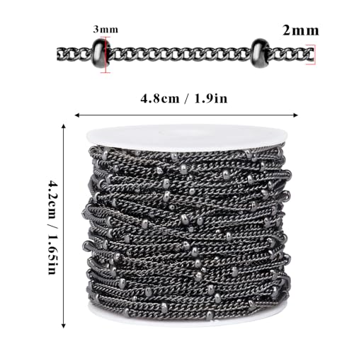 33FT 2mm Gunmetal Black Satellite Curb Chains Roll Bulk for Jewelry Making | 304 Stainless Steel Ball Beaded Twisted Link Satellite Chain Spool for DIY Craft - color: Black Small Beads Satellite Curb Chain
